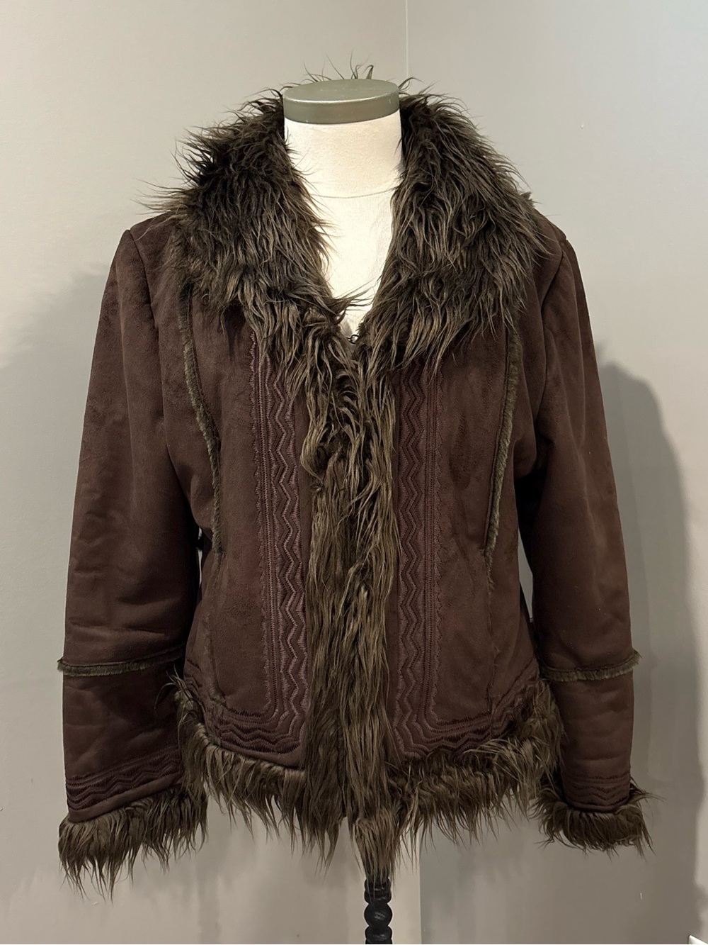 Vintage Penny Lane Brown Faux-Suede Teddy Jacket with Faux-Fur Trim